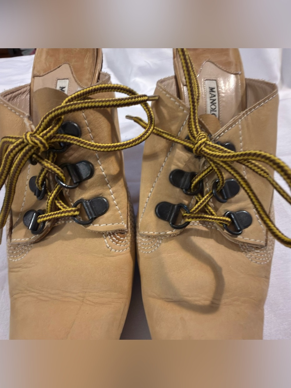 Vintage Manolo Blahnik Oklamod Timberland Pointed Toe Lace-Up Mules EU 38 US 7.5 - Picture 5 of 16